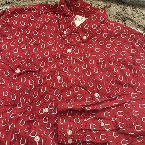 Express Rider Western Shirt Mens Large Red Horseshoe Button Front Long Sleeve